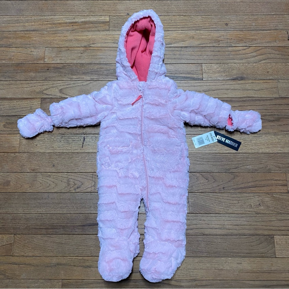 Baby Girls 3-6 Months Faux Fur Winter Snow Suit Mittens Steve Madden Sherpa Pink